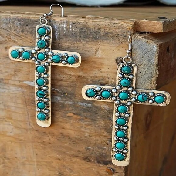 NEW BOHO turquoise cross dangle earrings, turquoise cross jewelry, vintage style - Picture 3 of 4